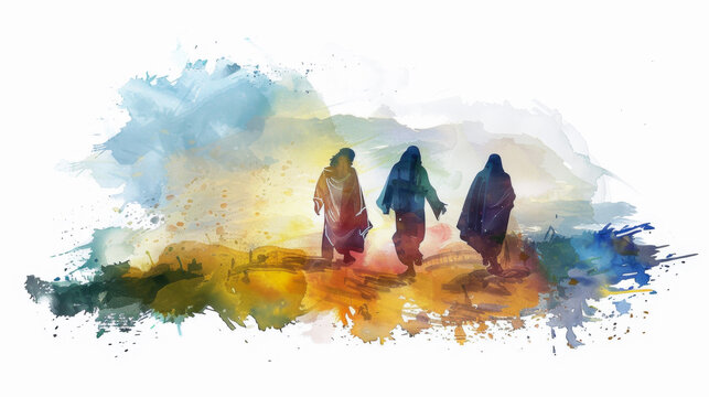 Reimagining Jesus and his disciples walking to Emmaus in a digital watercolor on a white canvas.