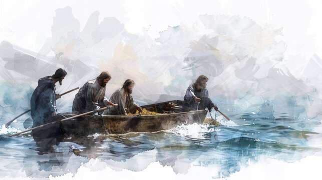 Jesus with the fishermen depicted in a digital watercolor painting on a white backdrop.