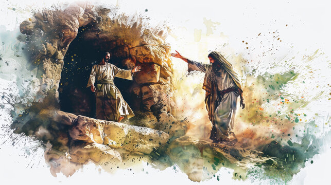 Jesus summons Lazarus back to life from his tomb in a digital watercolor painting set against a white backdrop.
