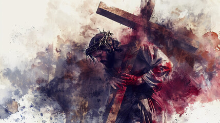 Jesus, covered in blood and sweat, carries the cross with determination despite his exhaustion.