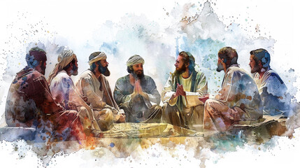Jesus instructing his followers in the Lord's Prayer while painting digitally with watercolors on a white background.