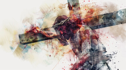 Jesus, covered in blood and sweat, carries the cross with determination despite his exhaustion.