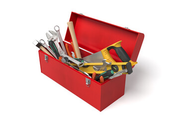 Red toolbox with assorted hand tools - obrazy, fototapety, plakaty