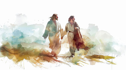 Create a digital watercolor image of Jesus and Paul on their journey to Damascus against a white backdrop. - obrazy, fototapety, plakaty