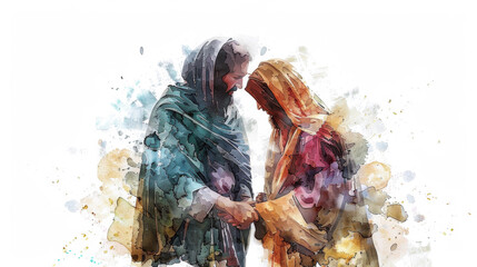 Jesus providing comfort to Mary and Martha after Lazarus' passing, portrayed through digital watercolor on a white canvas.