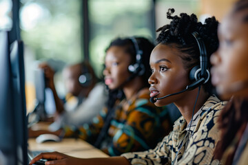 Black woman, call center and coworking office for telecom, CRM and contact voter registration help desk agent in the workplace. Technical support, advice and customer service with voting helpline - obrazy, fototapety, plakaty