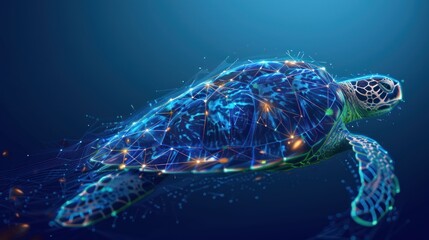 Abstract swimming sea turtle in polygons on technology blue background. Low poly wire frame marine life concept. AI generated