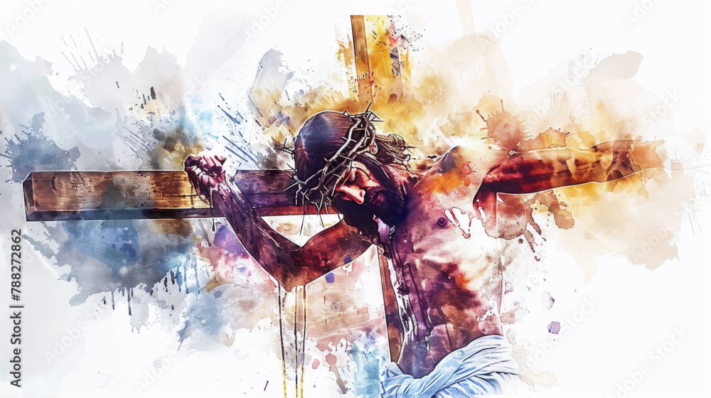 Wall mural An artistic representation of Jesus bearing the weight of humanity's sins on the cross through digital watercolor painting on a white backdrop.