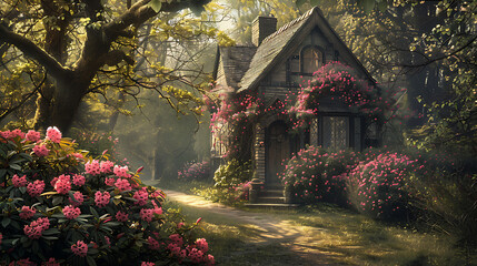 An old stone house in England adorned with vibrant roses, evoking the charm of rural England's picturesque countryside and timeless architect - obrazy, fototapety, plakaty