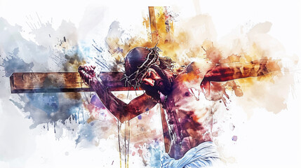 An artistic representation of Jesus bearing the weight of humanity's sins on the cross through digital watercolor painting on a white backdrop. - obrazy, fototapety, plakaty