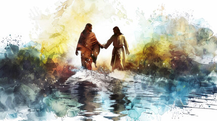 Jesus inviting Peter to join him on the water in a digital watercolor painting on a white background. - obrazy, fototapety, plakaty