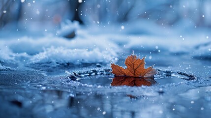 Lonely maple leaf floating on icy water surface with snow-covered landscape in the background