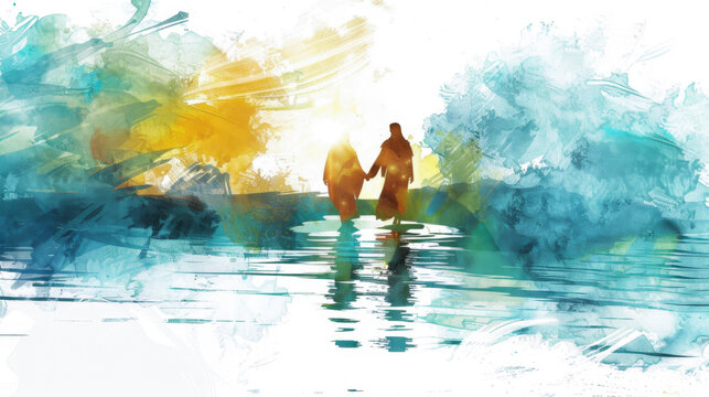 Jesus inviting Peter to join him on the water in a digital watercolor painting on a white background.