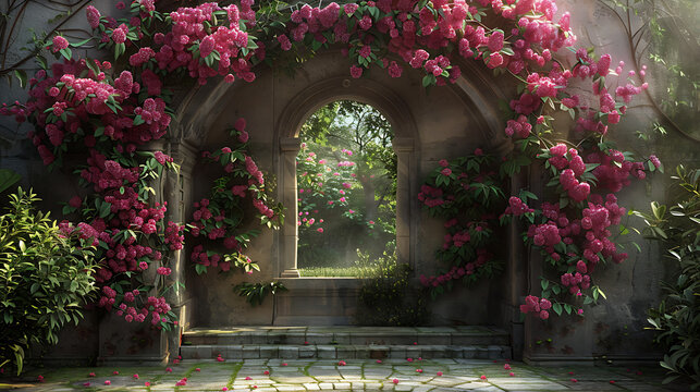 Church ruin's door adorned with morning roses. Symbolizing resilience amidst decay, nature's beauty intertwines with history's remnants in a serene dawn tableau