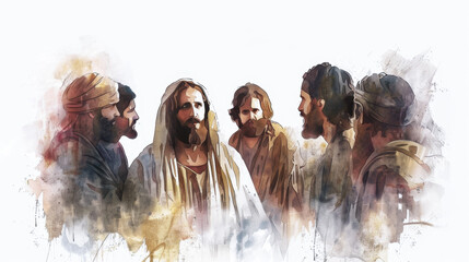Jesus and his apostles depicted in a digital watercolor painting on a white background within the upper room. - obrazy, fototapety, plakaty
