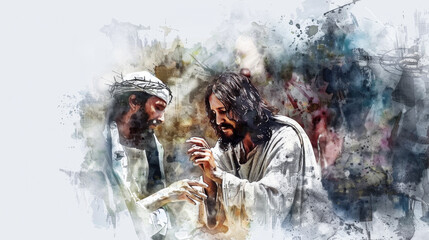 Jesus using digital watercolor technique to heal the sick on a white background.