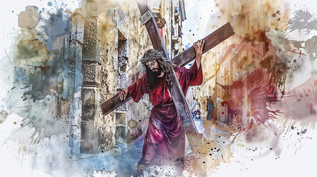 Jesus carrying the cross on the Via Dolorosa depicted in a digital watercolor on a white backdrop.