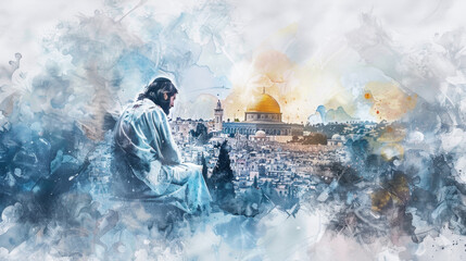 Jesus expressing sorrow and grief over Jerusalem in a digital watercolor painting on a white background.
