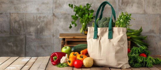 Beige canvas shopping bag with a dark green handle tipping over and spilling vegetables and fruits...