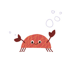Cute underwater world with sea crab and bubbles in doodle cartoon style. Funny deep ocean character. Colored flat vector illustration isolated on white background