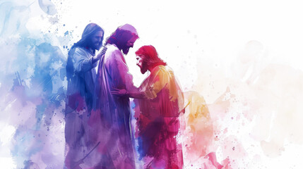 Jesus assures his disciples of the Holy Spirit's comforting presence in a digital watercolor painting on a white background. - obrazy, fototapety, plakaty