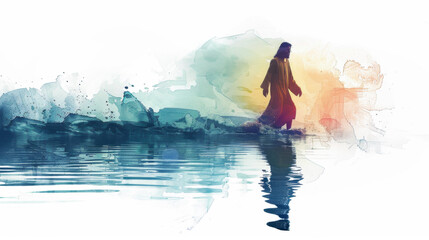 Create a digital watercolor artwork depicting Jesus walking on water against a white backdrop.