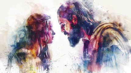 Jesus depicted in a digital watercolor painting with the woman caught in adultery on a white background.