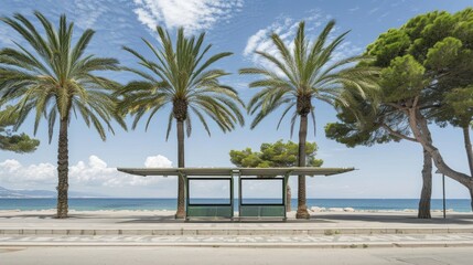 At the seafront bus stop, a blank white advertising billboard awaits, presenting a strategic spot for companies to promote their products or services with the ocean as a stunning backdrop.
