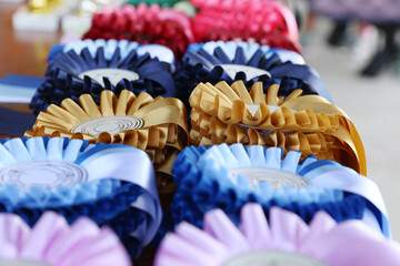     Pile of horse riding ribbons and trophy awards. Group of beautiful colorful trophies