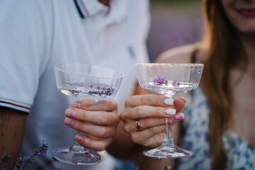 Hands man and woman hold glasses of white wine with lavender sprigs and sit in lavender field. Couple on romantic evening in sunset rays. Summer picnic in Provence. Female and male drinking drink.