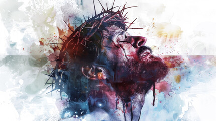 Digital painting of Jesus on the cross with the crown of thorns.