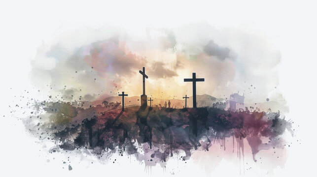 Digital artwork of The three crosses on Golgotha, with Jesus' cross in the middle, created with a watercolor effect on a white backdrop.