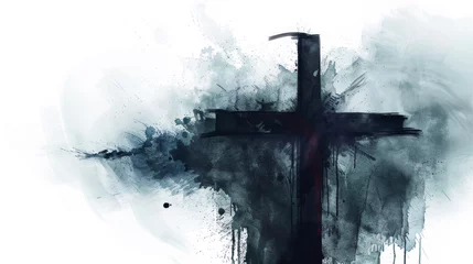 Foto op Plexiglas Digital painting of the cross in darkness, symbolizing Jesus' crucifixion moment on a white backdrop. © Graphic Dude