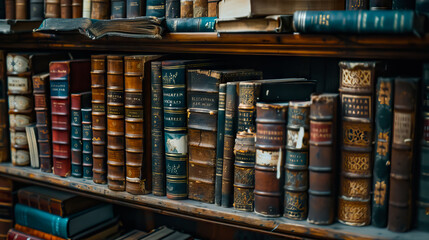 old books on wooden shelf. - obrazy, fototapety, plakaty