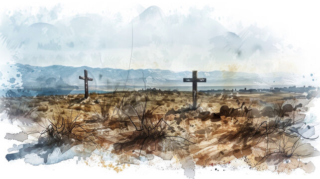 Digital artwork of the landscape around the crucifixion scene, showing a rugged and desolate terrain against a white backdrop.