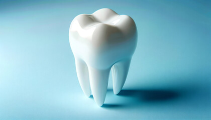White human molar isolated on blue background. The tooth shows off its enamel and natural texture. There is plenty of space on the side to add text highlighting the topic of dental care and health.