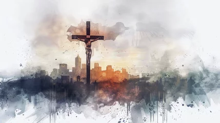 Foto op Plexiglas Digital watercolor painting of crucifixion with cityscape backdrop. © Graphic Dude