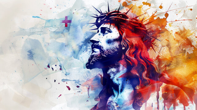 Jesus of Nazareth, proclaimed as the King of the Jews, with the inscription 'INRI' above his head in a digital watercolor painting on a white background.