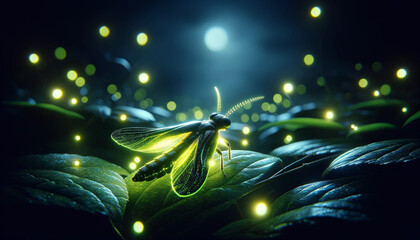 Close-up of a firefly on a summer night. Close-up image of a firefly glowing against the dark background of a summer night.