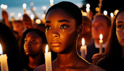 Candlelight vigil on Emancipation Day. A young African American woman with tears in her eyes, holding a candle to her heart and reflecting on the meaning of Emancipation Day. - obrazy, fototapety, plakaty