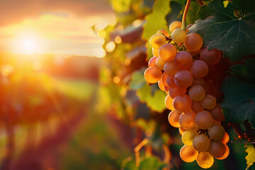 bunch of red grape on the vineyard over sunset background