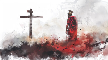 Roman soldier reflects on Jesus at the cross in digital watercolor. - obrazy, fototapety, plakaty