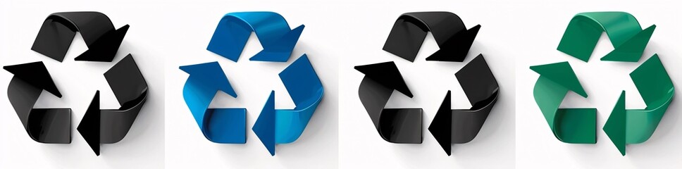 4 different Recycle logos of green blue and black arrows on white background