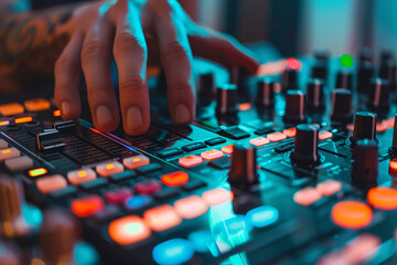 close up of dj hands controlling music table