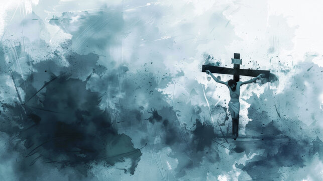 Jesus hangs on the cross as dark storm clouds gather in the digital watercolor painting on a white background.