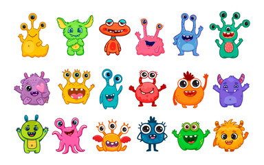 Big set of cartoon monsters. Cute monsters. Kids funny character design for posters, cards., magazins.