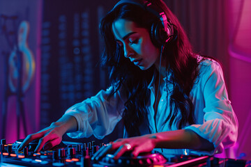 Fototapeta na wymiar Dj woman playing music in nightclub