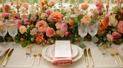 Wedding table settings including arrangement of pink and peach flowers, elegant cutlery setting with napkins