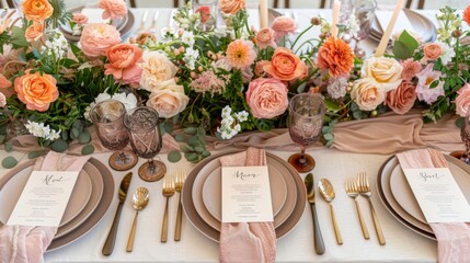 Wedding table settings including arrangement of pink and peach flowers, elegant cutlery setting with napkins - obrazy, fototapety, plakaty