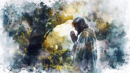 Fototapeta na wymiar Jesus depicted in prayer in the garden of Gethsemane through digital watercolor on a white backdrop.
